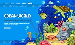 Landing page with underwater landscape, animals - vector clipart