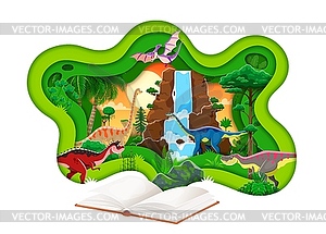 Opened book with dinosaurs, paper cut banner - vector image