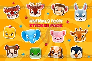 Square animal faces stickers pack cartoon zoo pets - vector clip art