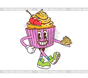 Retro cartoon groovy cupcake fast food character - vector clipart