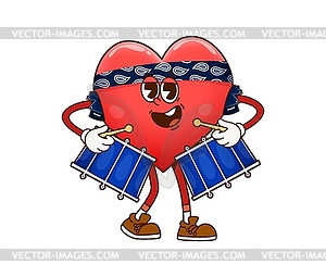 Cartoon groovy heart character playing on drums - vector image