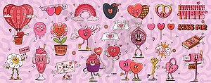 Groovy Valentines Day characters and love symbols - vector clipart