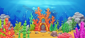 Cartoon sea underwater landscape with coral house - vector image