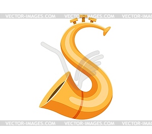 Horn or saxophone musical instrument font S letter - vector image