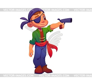 Cartoon kid boy pirate, corsair character with gun - vector image