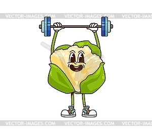 Cartoon groovy cauliflower workout with barbell - vector clipart