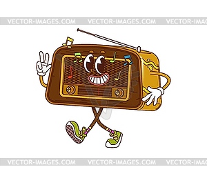 Retro groovy radio receiver cartoon character - vector image