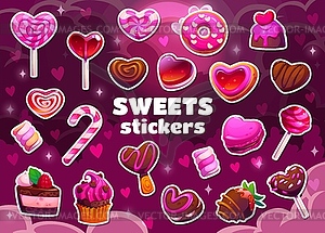 Valentine hearts and pink candy sweets stickers - vector image