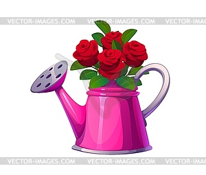 Cartoon pink watering can with lush red roses - vector image