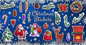 Christmas holiday characters and decor stickers - vector image