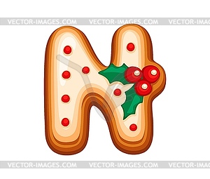 Christmas gingerbread letter n with holly leaves - vector clipart