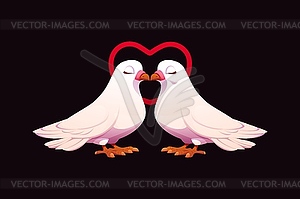 Cartoon two white doves with heart outline shape - vector image