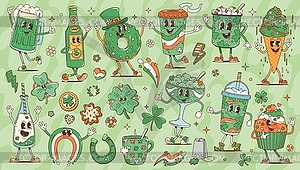 St Patrick day characters, groovy pastry and drink - vector clip art