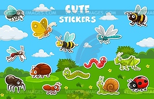 Cartoon insect and bug characters stickers pack - vector image