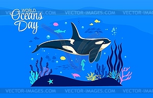 World ocean day banner with killer whale character - vector clip art