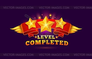 Level complete game icon with golden shiny stars - vector image