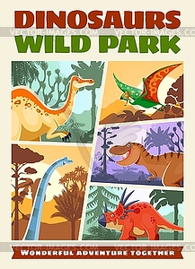 Dino park retro poster or flyer, dinosaurs collage - vector clip art