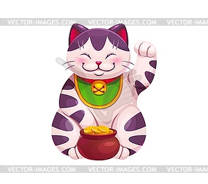 Cartoon Japanese Maneki Neko cat with pot of gold - vector image