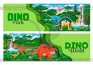 Dino park paper cut banners with cartoon dinosaurs - vector image