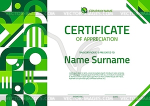 Certificate with ecology green geometric pattern - vector clip art