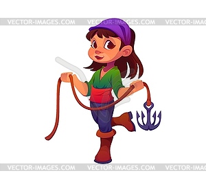 Cartoon happy girl pirate holding grappling hook - vector image