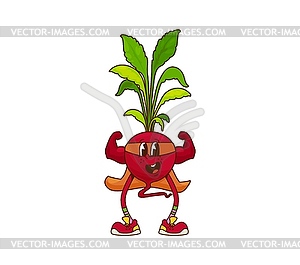 Groovy radish vegetable superhero flexing muscles - vector clip art