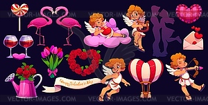 Cartoon valentine holiday cherubs and love symbols - vector clipart