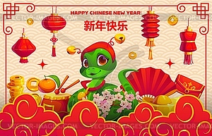 Green snake and lanterns on Chinese holiday banner - vector image