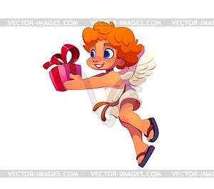Cartoon valentine cherub holding pink gift box - vector image