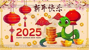 2025 Asian horoscope snake between red lanterns - vector clip art