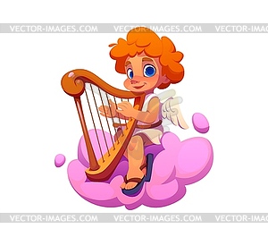 Cartoon valentine cherub playing harp on cloud - vector clip art