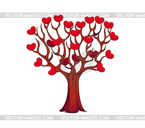 Cartoon valentine day tree with red heart leaves - vector image