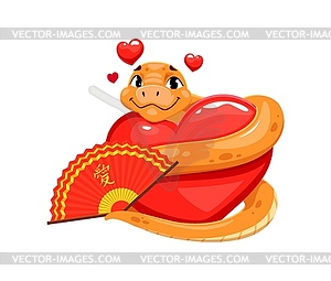 Funny cartoon snake character cuddles red heart - vector clip art