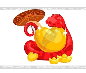 Funny red cartoon snake character hold gold heart - vector image