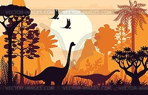 Dinosaur silhouettes in jungle forest background - vector clip art
