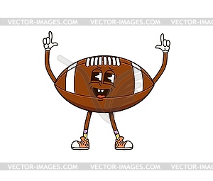 Groovy rugby ball sport character pointing up - vector image