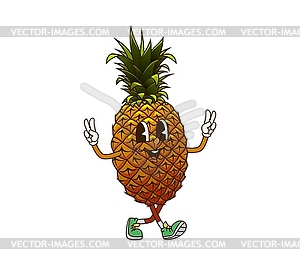 Groovy pineapple fruit, retro cartoon character - vector image