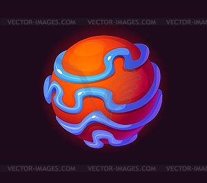 Cartoon alien red space planet with blue rivers - vector image