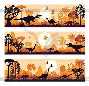 Tropical forest sunset with dinosaurs silhouettes - color vector clipart