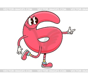 Groovy number 6 Six, retro cartoon math character - vector image