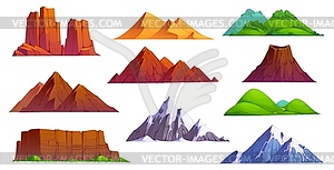 Cartoon mountains and hills, snow peaks and rocks - vector image