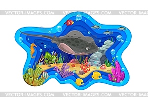 Paper cut underwater landscape, stingray and fish - color vector clipart