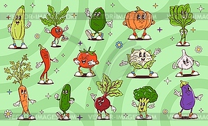 Cartoon retro groovy vegetable food characters - vector clip art