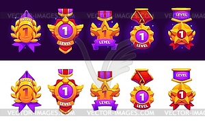 Game rank level up badges, victory shields asset - vector image