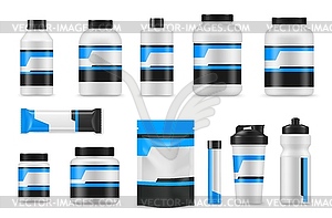 Sport nutrition protein supplement package mockups - vector image