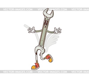 Groovy cartoon wrench work tool or DIY character - vector clip art