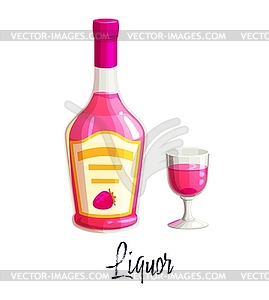Liquor alcohol bottle and glass, flask - vector image