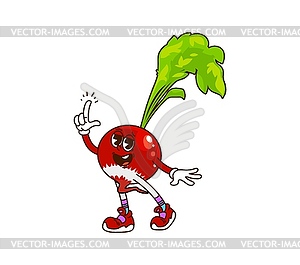 Cartoon groovy radish veggie character in sneakers - vector clip art