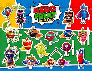 Superhero fruit stickers, funny berry characters - vector clipart