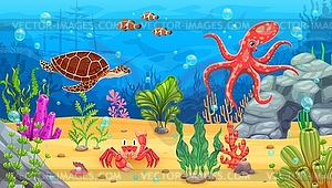 Sunken ship, sea animals underwater game landscape - vector clipart